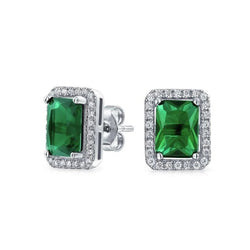 7 Ct Green Emerald With Round Natural Earth Mined Diamonds Studs Halo Earrings Gold