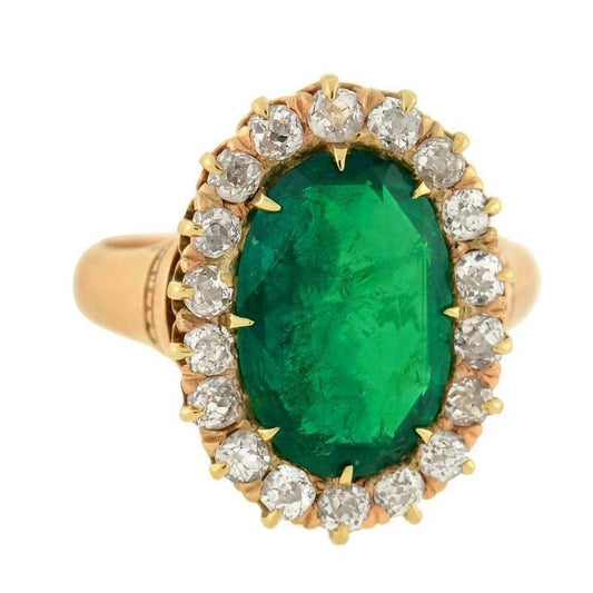7.50 Carats Oval Green Emerald And Round Diamonds Ring Yellow Gold 14K