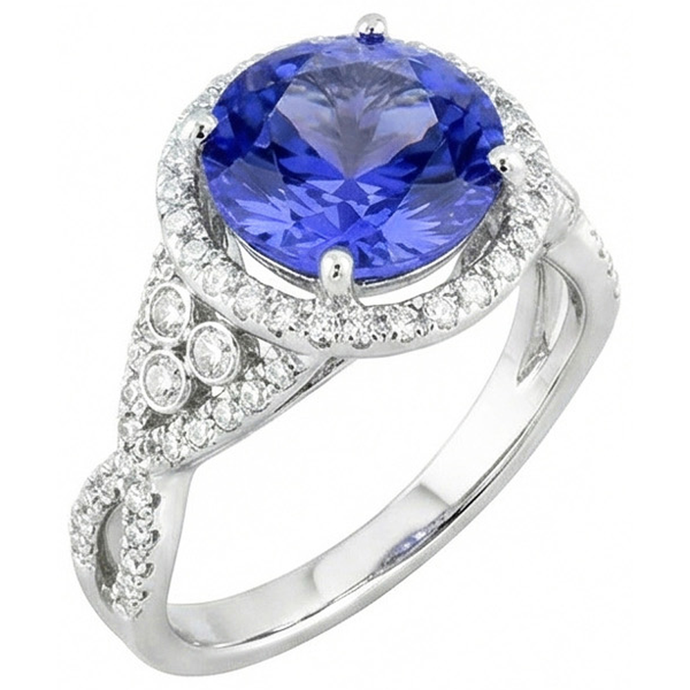 8.01 Cts. Round Ceylon Sapphire And Natural Earth Mined Diamonds Ring White Gold 14K