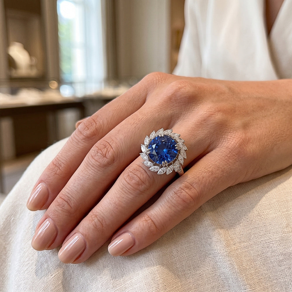 8.25 Ct. Big Sri Lanka Color Sapphire And Marquise IGI CERTIFIED Diamonds Ring