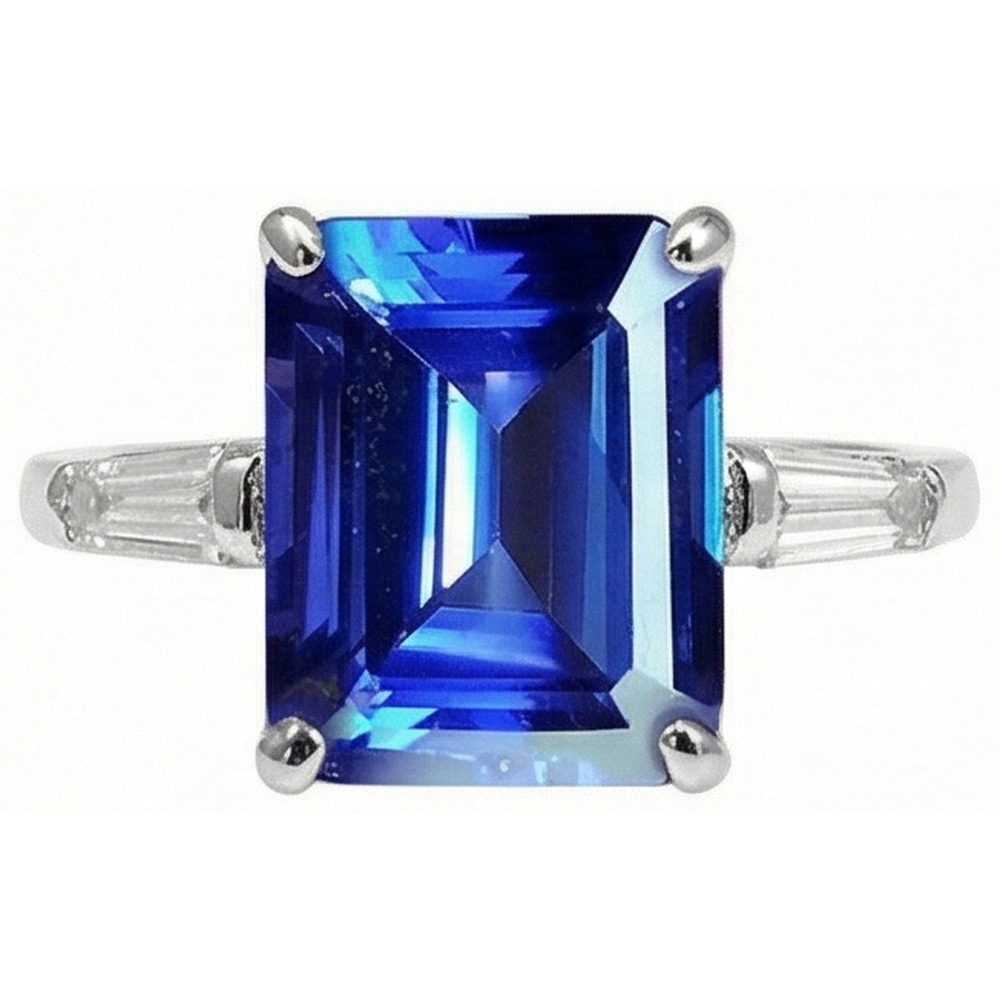 8.30 Carats Emerald Cut Tanzanite & Baguettes Engagement Ring