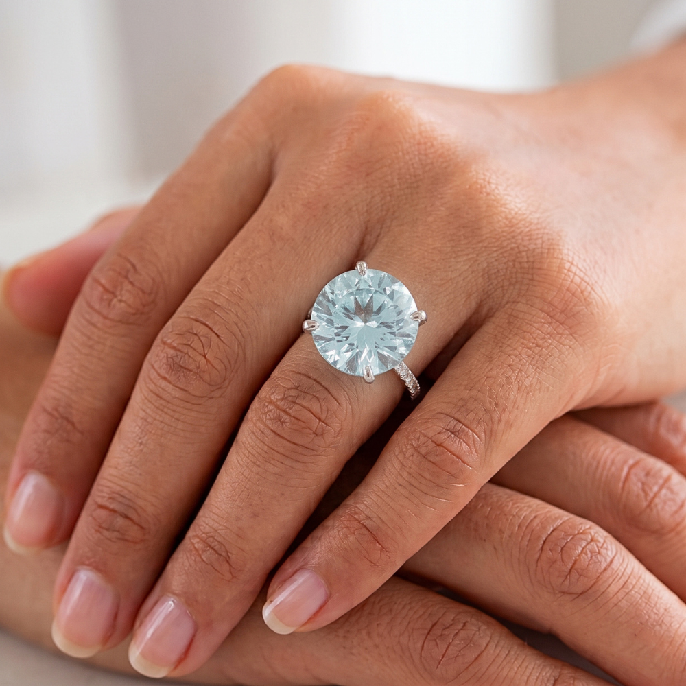 8.70 Carats Aquamarine With Natural Earth Mined DIAMOND ( NOT LAB GROWN )s Ring Prong Set White Gold 14K