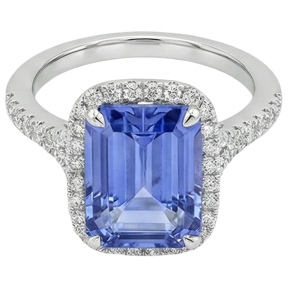 8.75 Ct Emerald Shape Tanzanite With Round Natural Earth Mined Diamonds Ring Gold New