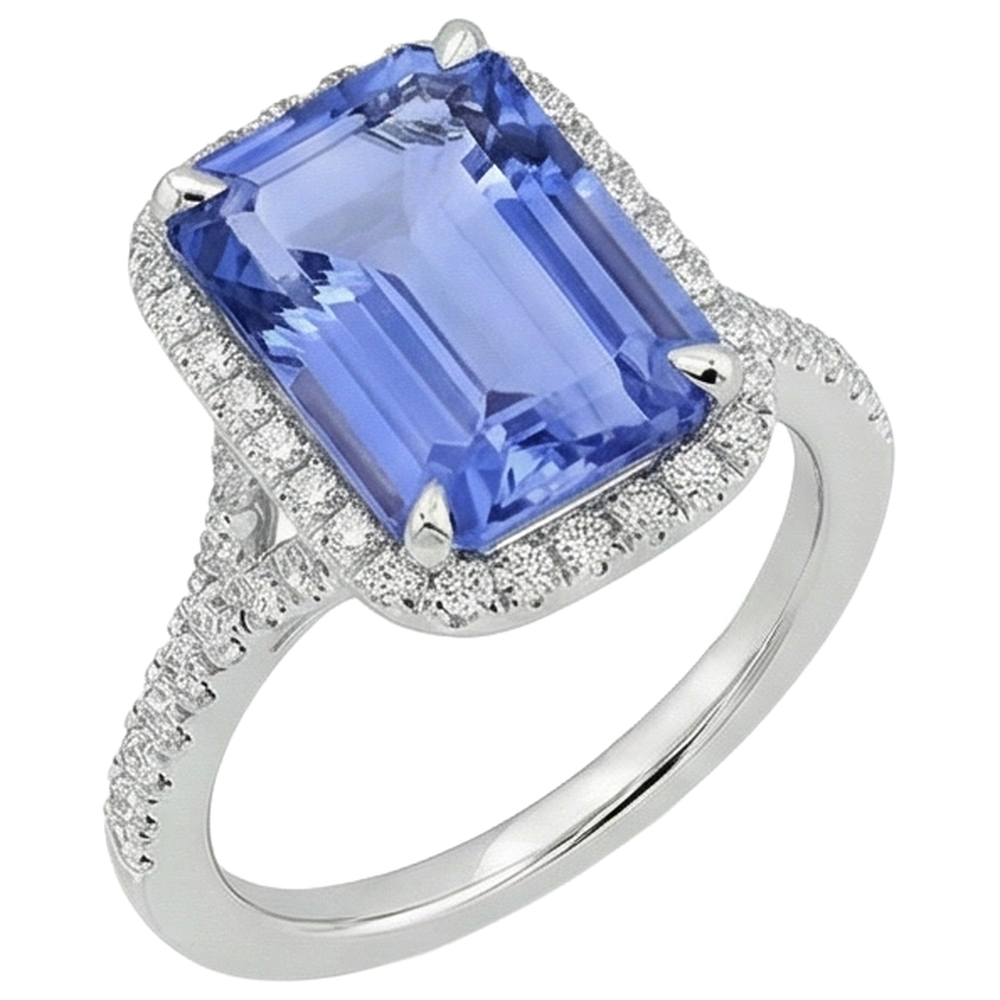 8.75 Ct Emerald Shape Tanzanite With Round Natural Earth Mined Diamonds Ring Gold New