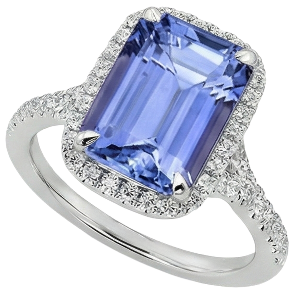 8.75 Ct Emerald Shape Tanzanite With Round Natural Earth Mined Diamonds Ring Gold New