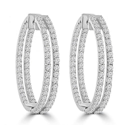 8 Carats Double Row Real Diamonds Women Hoop Earrings White Gold 14K