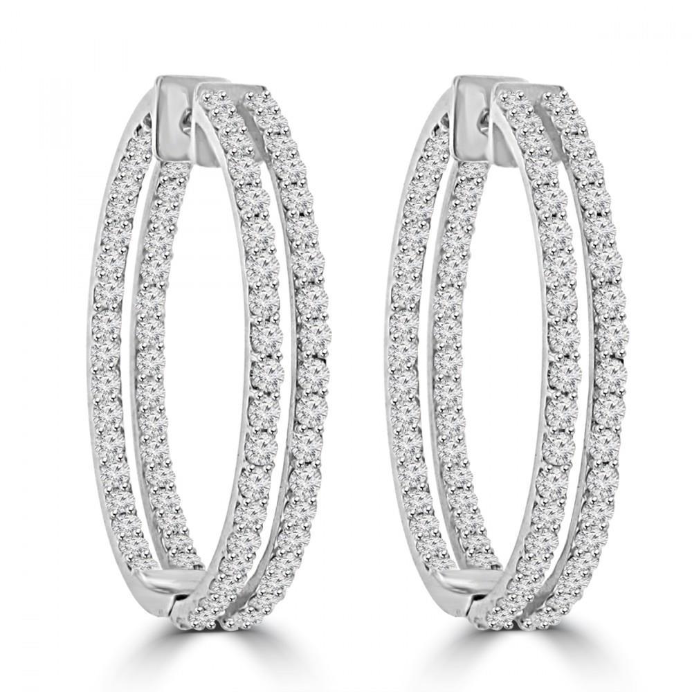 8 Carats Double Row Real Diamonds Women Hoop Earrings White Gold 14K