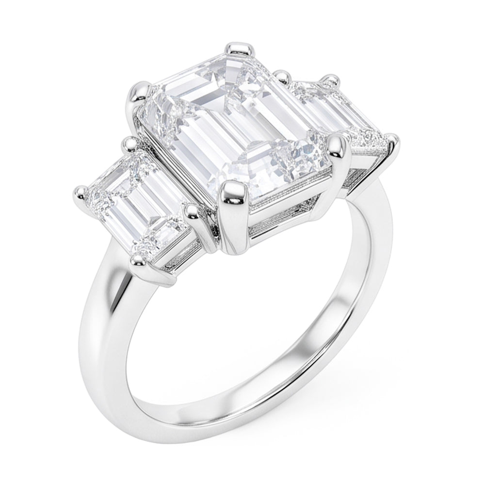 8 Carats Emerald Real Natural Earth Mined Diamonds Three Stone Ring White Gold 14K New