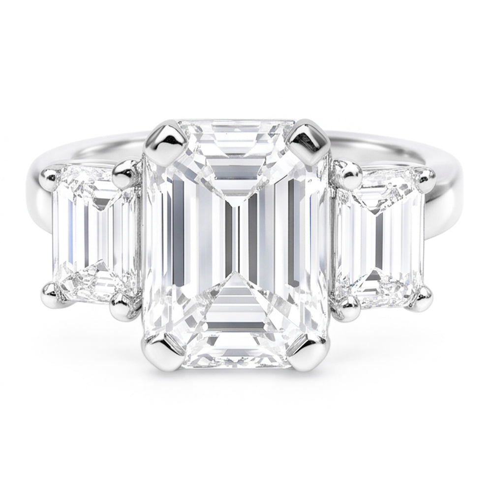 8 Carats Emerald Real Natural Earth Mined Diamonds Three Stone Ring White Gold 14K New