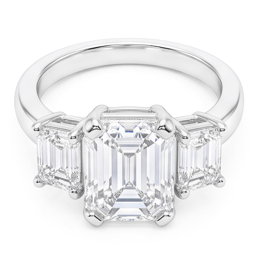 8 Carats Emerald Real Natural Earth Mined Diamonds Three Stone Ring White Gold 14K New