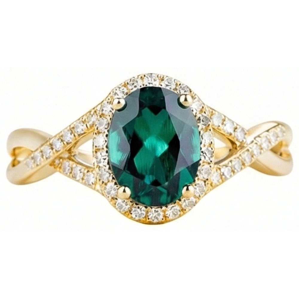 8 Ct Green Emerald Stone Ring With Natural Earth Mined Diamond Jewellery Yellow Gold 14K
