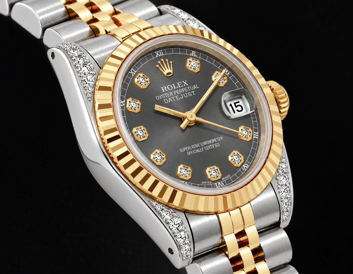 Rolex Datejust 69173 26mm Gray Diamond Dial Fluted Bezel Two Tone Watch