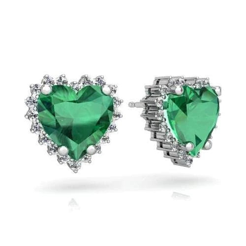 8.40 Carats Heart Green Emerald With Diamond Stud Earring White Gold 14K