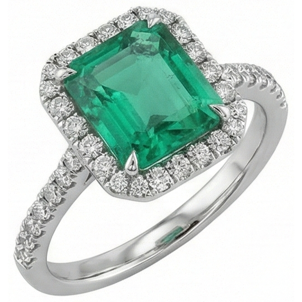 9.65 Ct Big Green Emerald And Small Natural Earth Mined Diamonds Wedding Ring White Gold