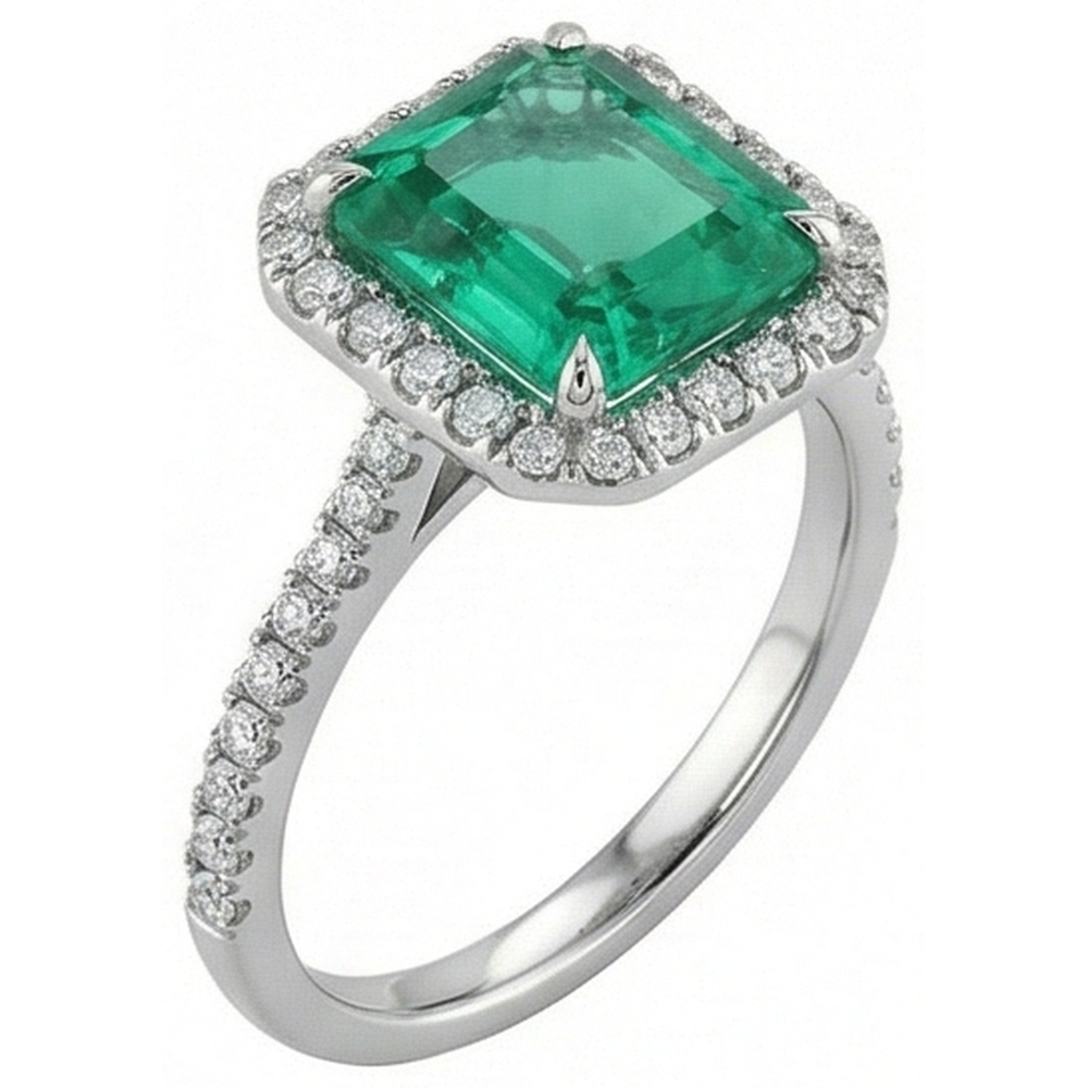9.65 Ct Big Green Emerald And Small Natural Earth Mined Diamonds Wedding Ring White Gold