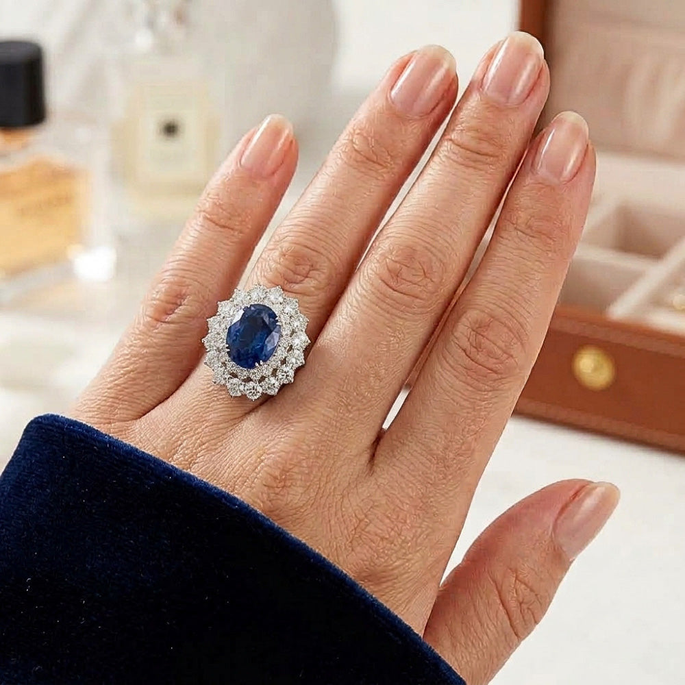 9.75 Ct Sri Lanka Blue Sapphire Natural Earth Mined Diamonds Anniversary Ring White Gold