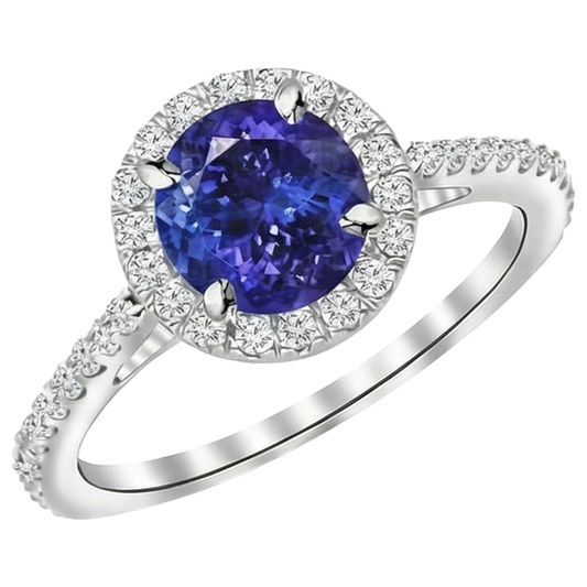 9.85 Ct Round Cut Tanzanite And Natural Earth Mined Diamonds Ring 14K White Gold