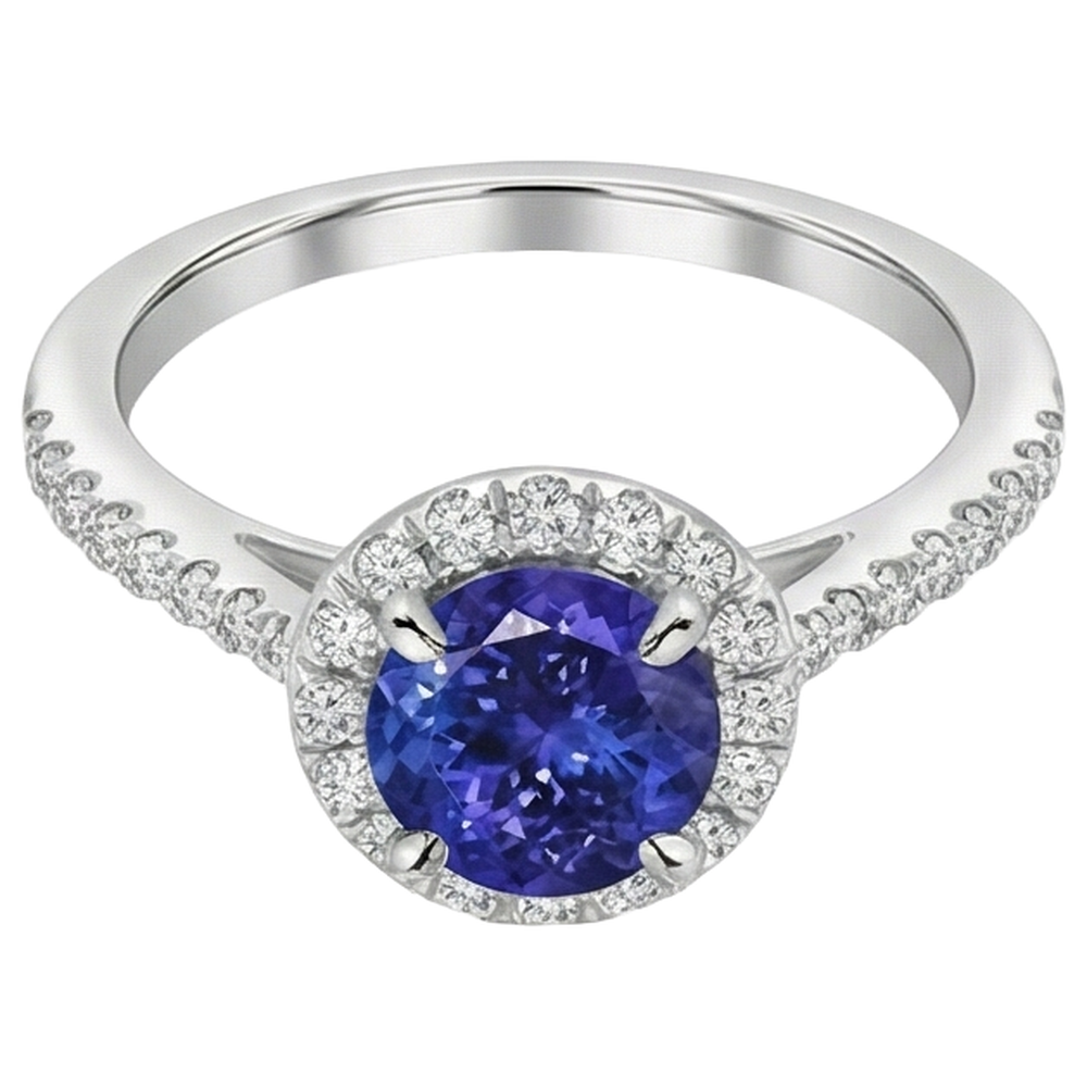 9.85 Ct Round Cut Tanzanite And Natural Earth Mined Diamonds Ring 14K White Gold