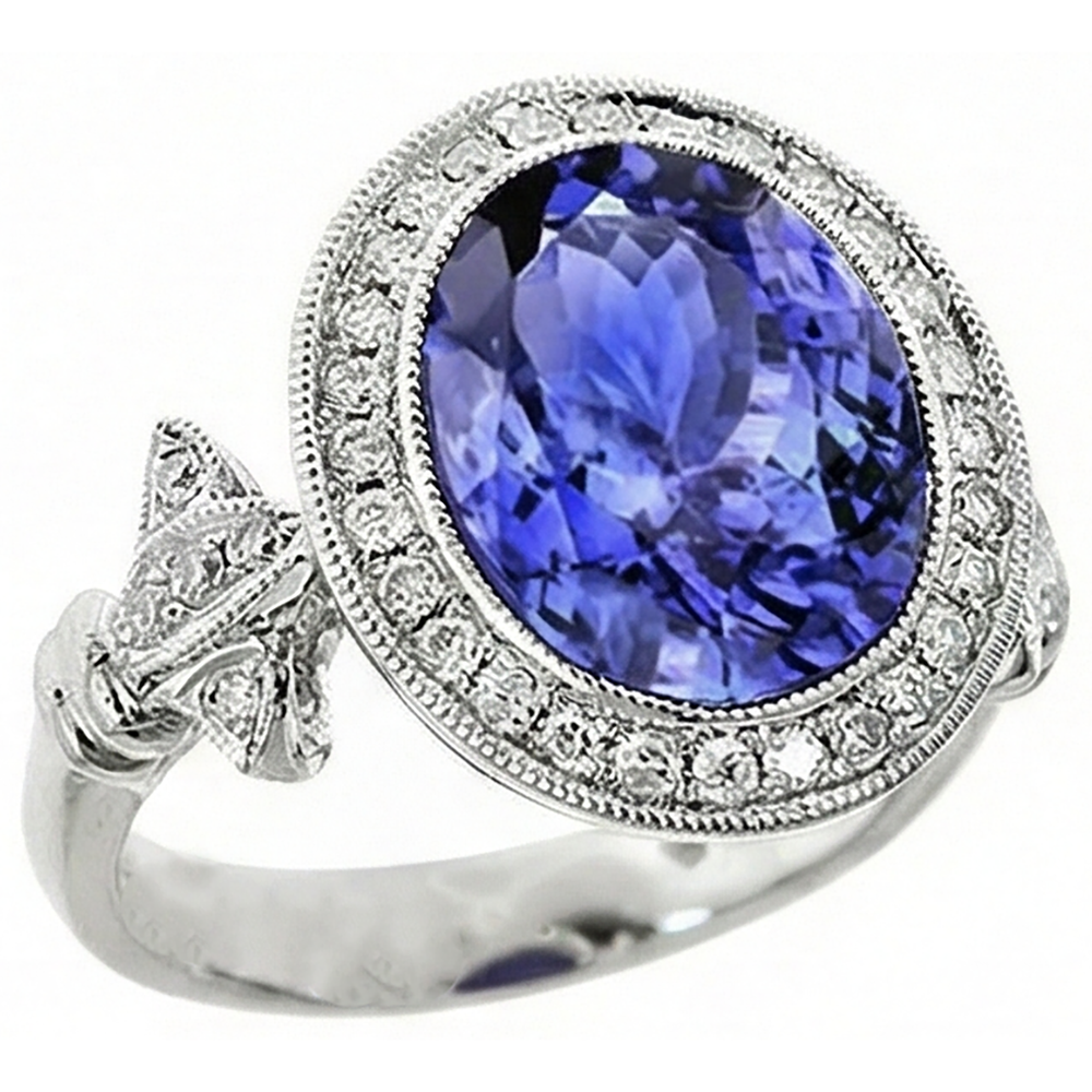 9 Carat Tanzanite Fancy Ring With Small Natural Earth Mined DIAMOND ( NOT LAB GROWN )s White Gold 14K