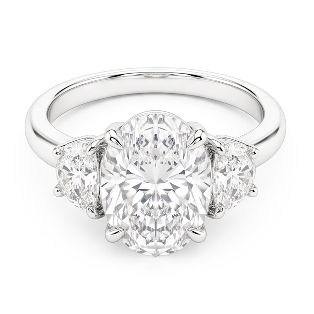 9 Carats Oval Real Natural Earth Mined Diamonds Three Stone Wedding Ring White Gold 14K