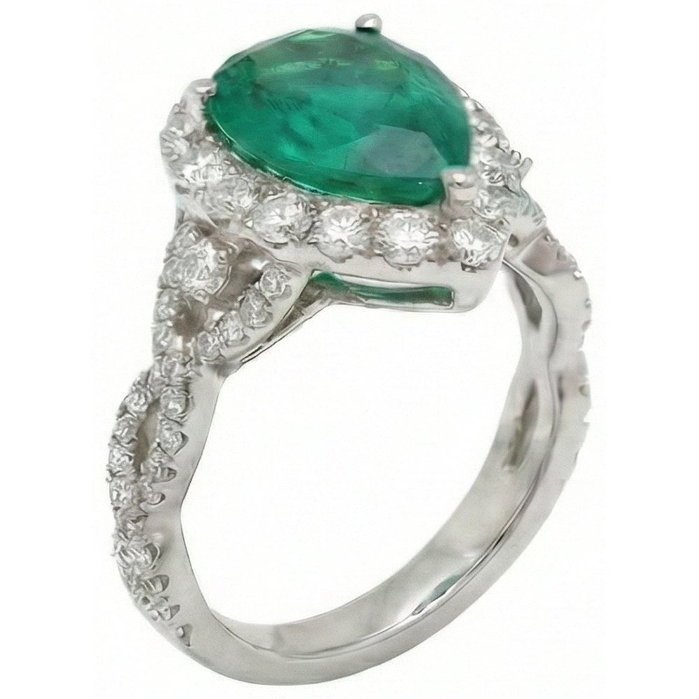 9 Carats Pear Cut Green Emerald Natural Earth Mined Diamond Engagement Ring White Gold 14K