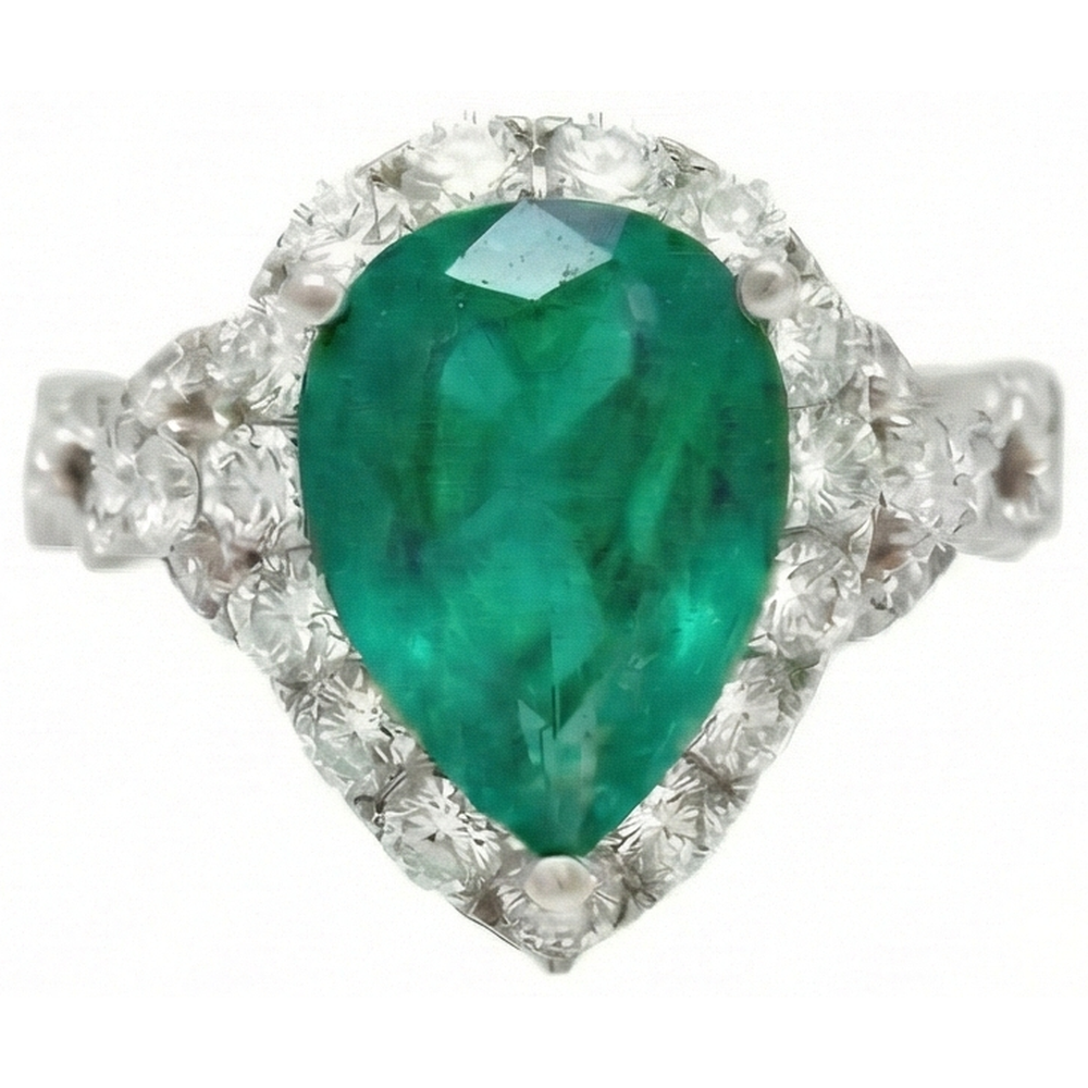 9 Carats Pear Cut Green Emerald Natural Earth Mined Diamond Engagement Ring White Gold 14K