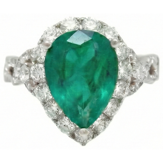 9 Carats Pear Cut Green Emerald Natural Earth Mined Diamond Engagement Ring White Gold 14K
