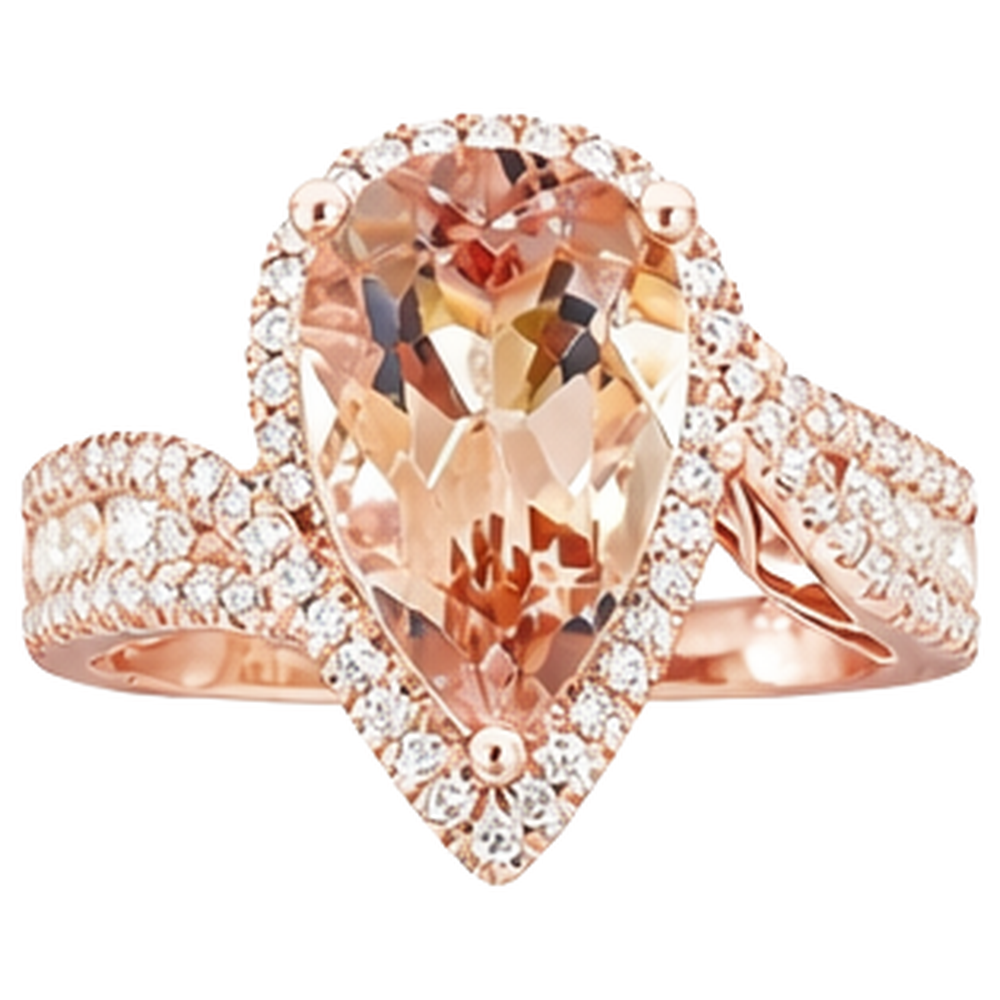 9 Carats Pear Morganite With Round Natural Earth Mined Diamonds Ring 14K Rose Gold