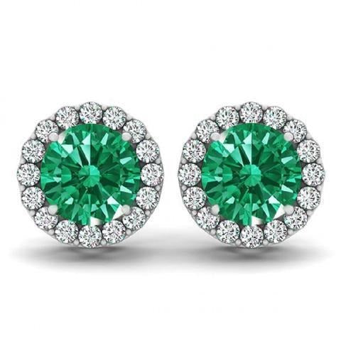 9 Carats Round Green Emerald And Halo Diamond Stud Earring White Gold 14K