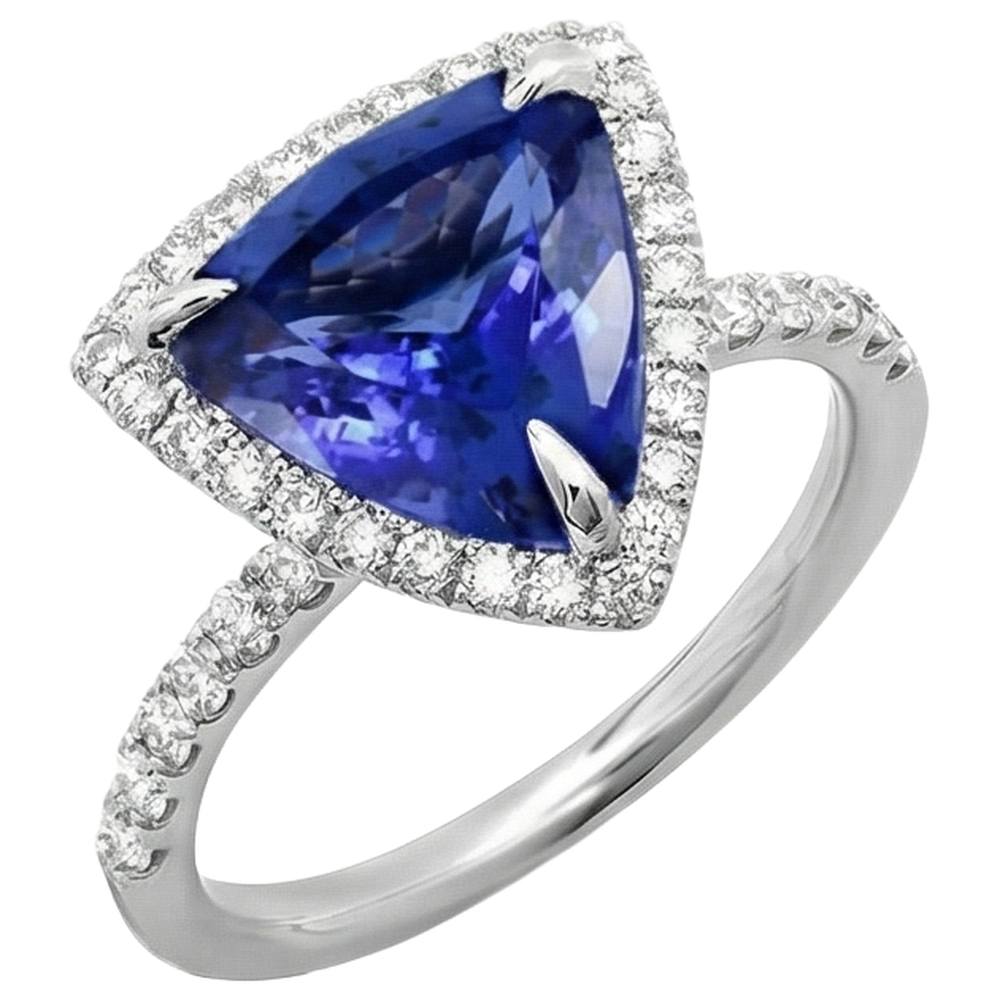 9 Carats Trillion Shape Tanzanite With Round Natural Earth Mined Diamonds Ring White Gold