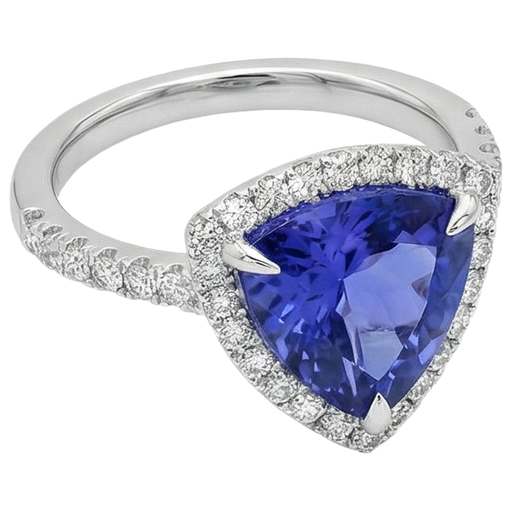 9 Carats Trillion Shape Tanzanite With Round Natural Earth Mined Diamonds Ring White Gold