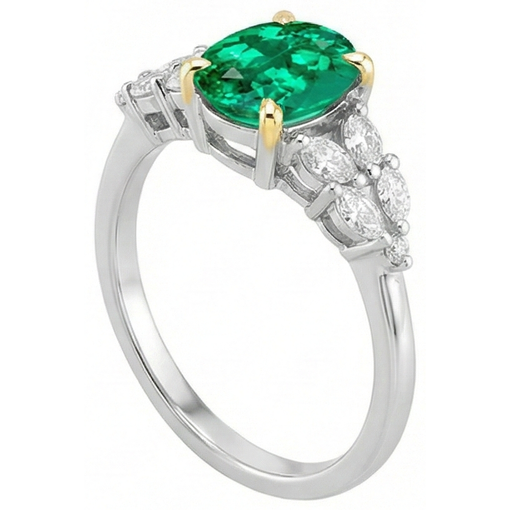Precious Stone Ring 14 Karat Two Tone Gold with Colombian Emerald – angle view
