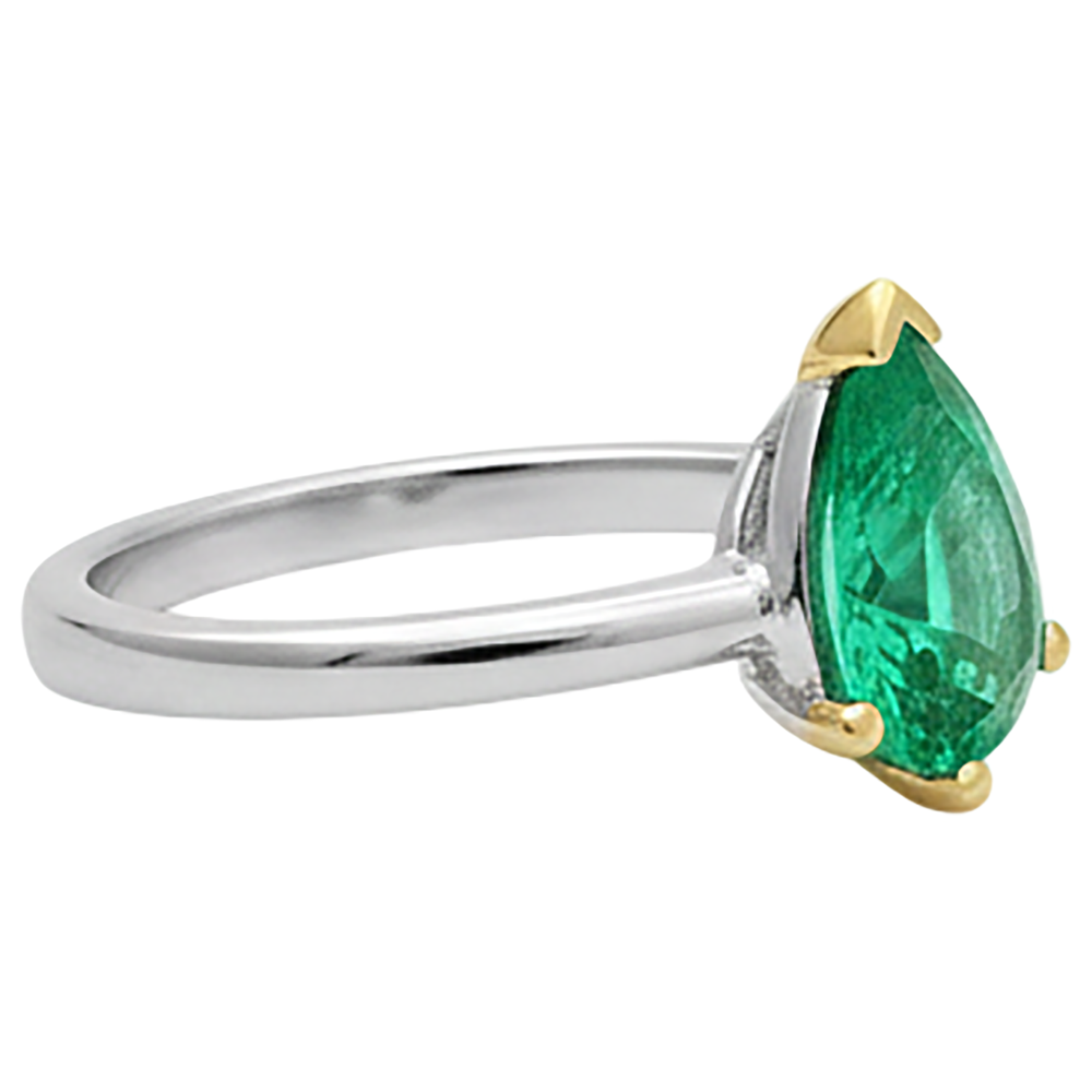 Fine Emerald Pear Cut Colored Stone Ring in 14 Karat Two Tone Gold – profile view