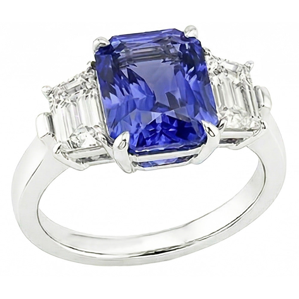 Anniversary Natural Earth Mined Diamond Ring 3 Carats Claw Prong Set Ceylon Sapphire Gold