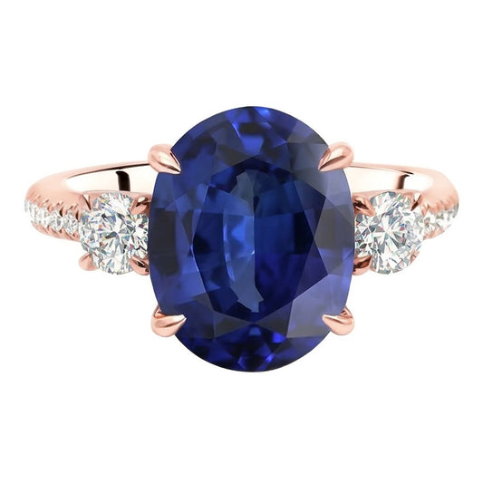 Anniversary Oval Ceylon Sapphire Ring 3 Stone Style Natural Earth Mined Diamonds 5 Carats