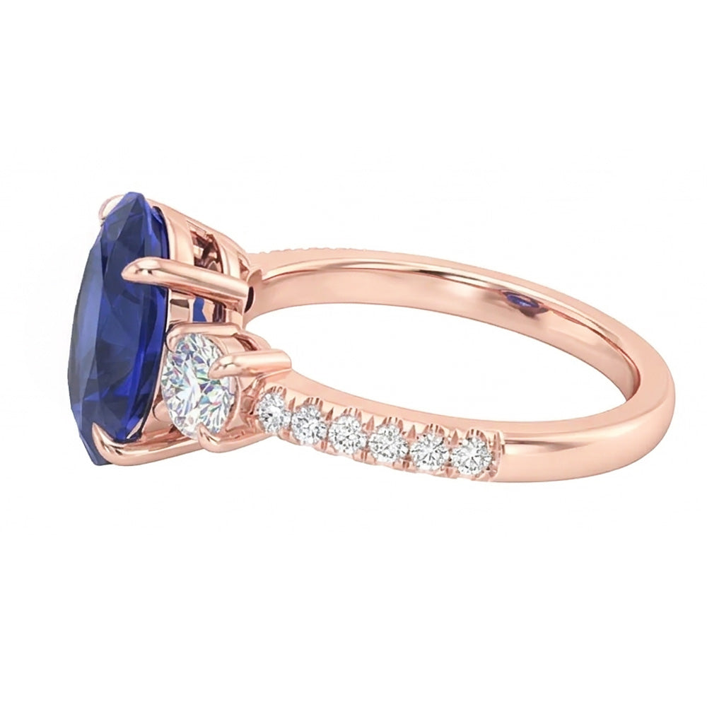 Anniversary Oval Ceylon Sapphire Ring 3 Stone Style Natural Earth Mined Diamonds 5 Carats
