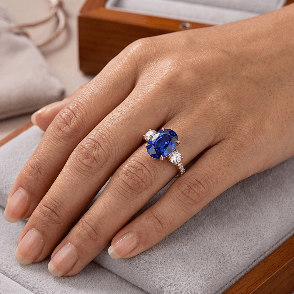 Anniversary Oval Ceylon Sapphire Ring 3 Stone Style Natural Earth Mined Diamonds 5 Carats
