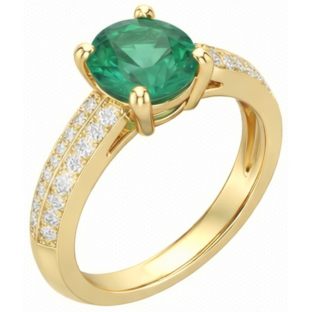 Anniversary Ring 2.25 Ct Round Cut Green Emerald And Natural Earth Mined Diamonds Yellow Gold