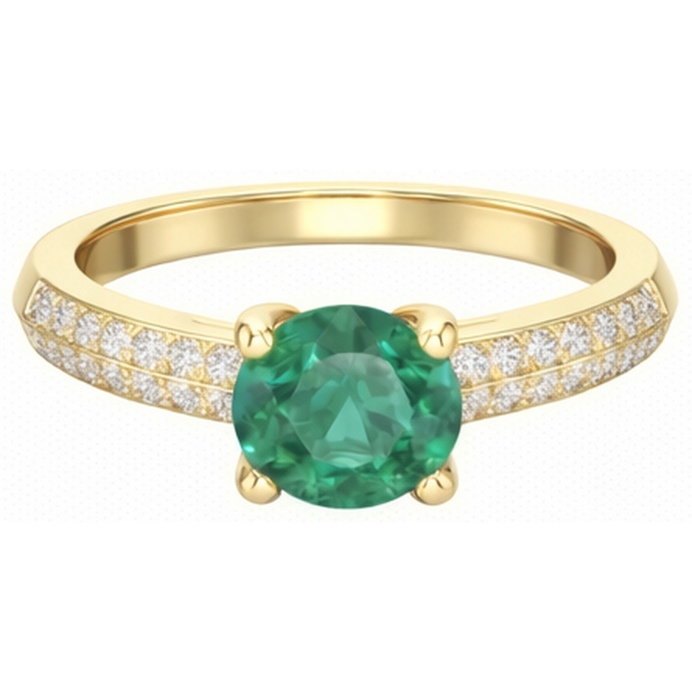 Anniversary Ring 2.25 Ct Round Cut Green Emerald And Natural Earth Mined Diamonds Yellow Gold