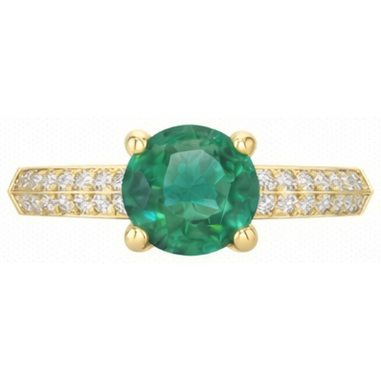 Anniversary Ring 2.25 Ct Round Cut Green Emerald And Natural Earth Mined Diamonds Yellow Gold