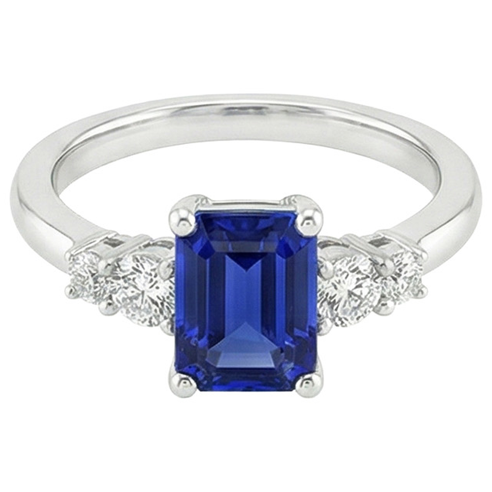 Anniversary Ring 5 Stones Emerald Blue Sapphire & Natural Earth Mined Diamond 4 Carats