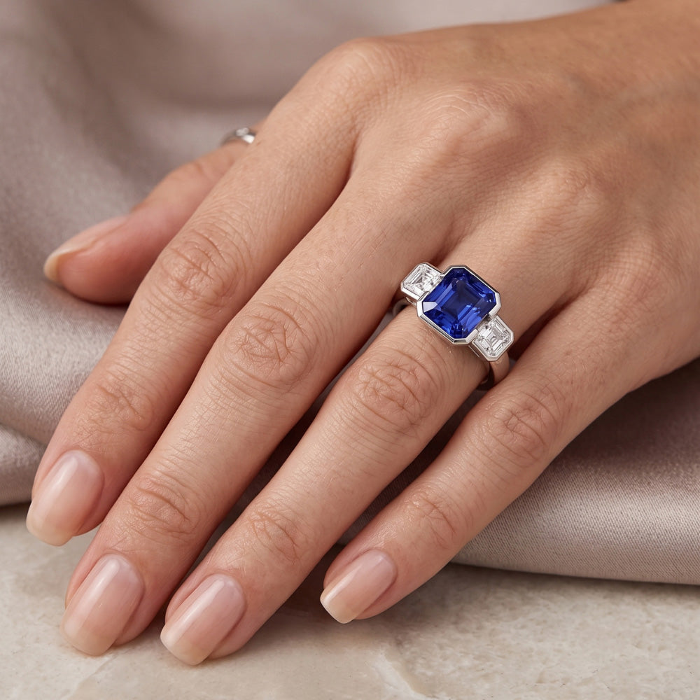 Anniversary Ring Asscher Natural Earth Mined Diamond Radiant Sapphire 3 Carats 3 Stone