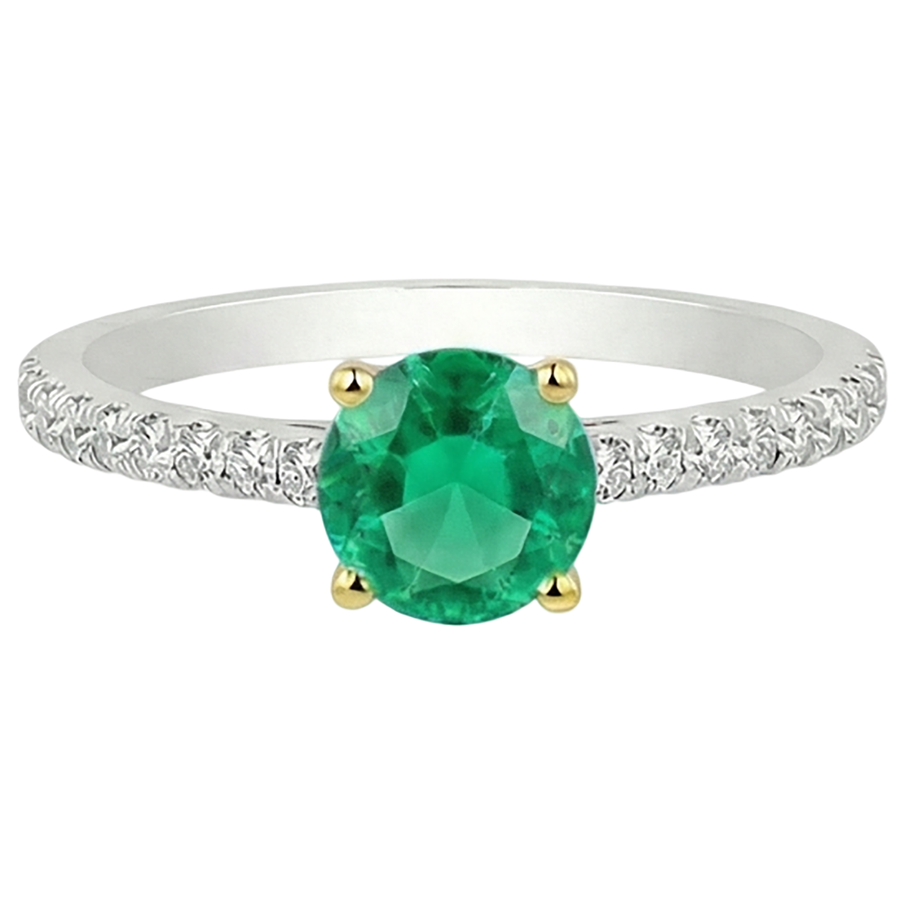 Fine Emerald Round Cut Precious Stone Ring in 14 Karat Two Tone Gold – front view