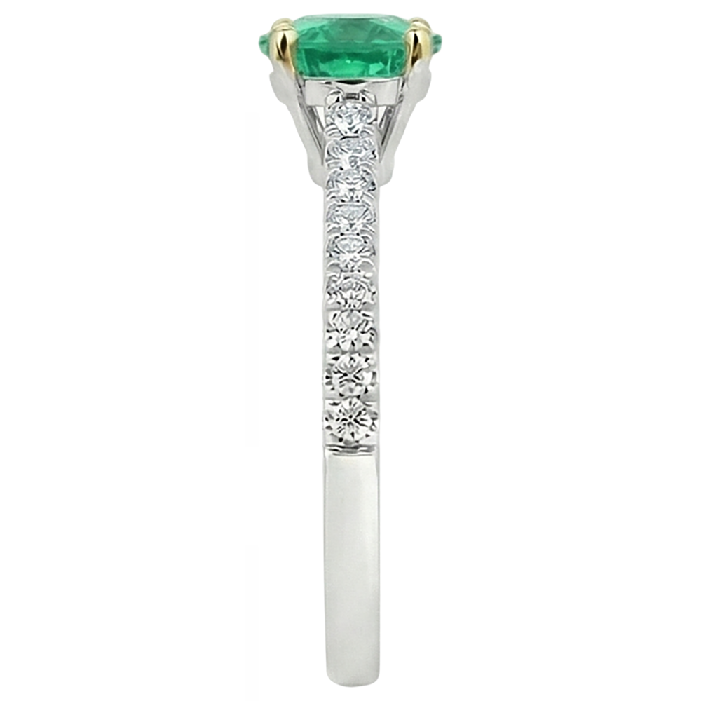 Fine Emerald Round Cut Precious Stone Ring in 14 Karat Two Tone Gold – back view
