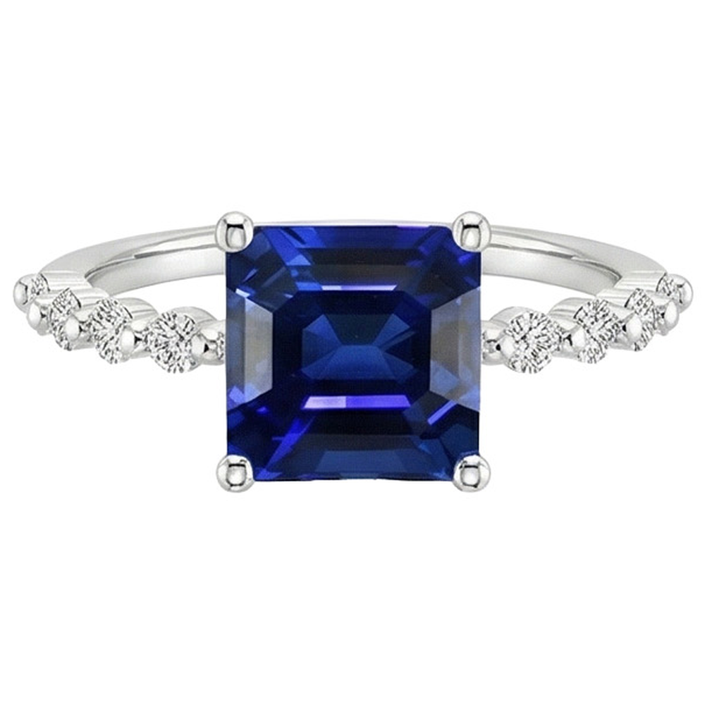 Anniversary Ring Princess Blue Sapphire Solitaire With Accents 4 Carat