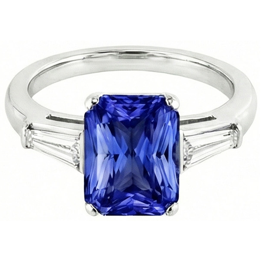 Anniversary Ring Radiant Cut Sapphire & Baguette Natural Earth Mined Diamonds 3.50 Carats