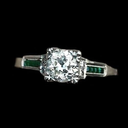 Anniversary Ring Real Old Cut Round Diamond & Emerald 1.75 Carats