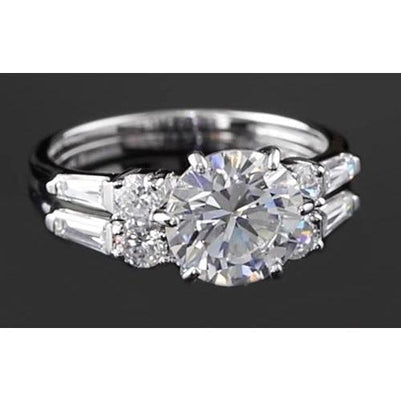 Anniversary Ring Round & Baguette Real Diamonds 4.50 Carats White Gold 14K