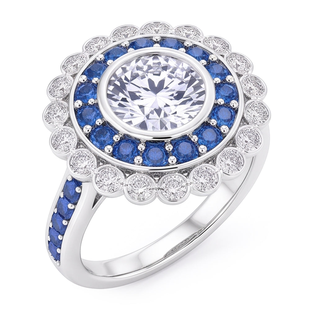 Anniversary Ring Round Natural Earth Mined Diamond & Blue Sapphire Baguettes 4 Carats