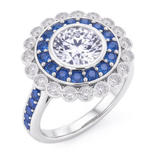 Anniversary Ring Round Natural Earth Mined Diamond & Blue Sapphire Baguettes 4 Carats